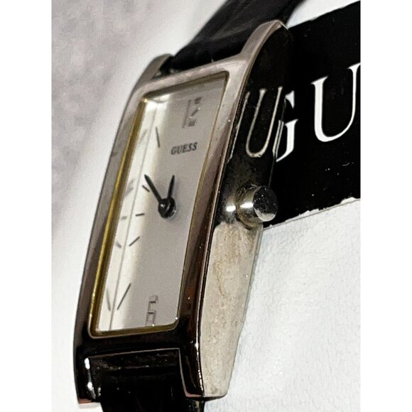 NEW GUESS SILVER TONE BLACK Leather BAND RECTANGLE WHITE DIAL WATCH in box main image 9